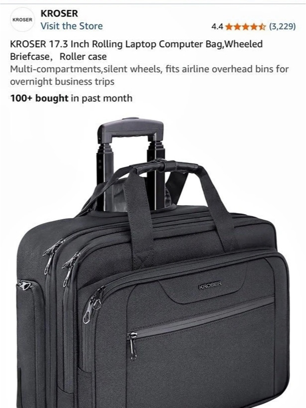 KROSER 17.3 Inch Rolling Laptop Bag in Black